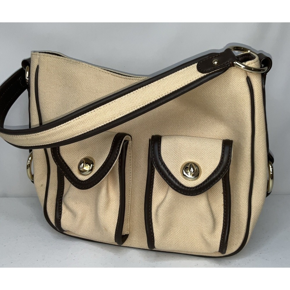 Antonio Melani Canvas Leather Crescent Shoulder Bag Handbag Beige Brown Purse